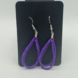 Beaded Teardrop Dangling Earrings Purple Silver Hook Lightweight Handmade Design